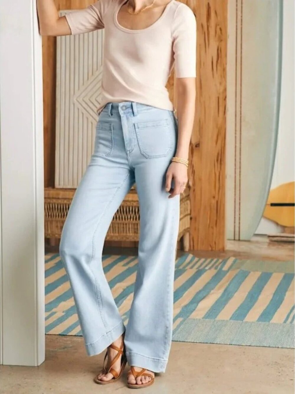 Faherty Stretch Terry Wide Leg Pants Jeans Patch Pocket Light Wash size 29